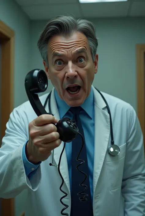 Perfect hyper-realistic shot of a half-mature male doctor scared with open views of the wire phone...everything hyper realistic and hyper detailed 