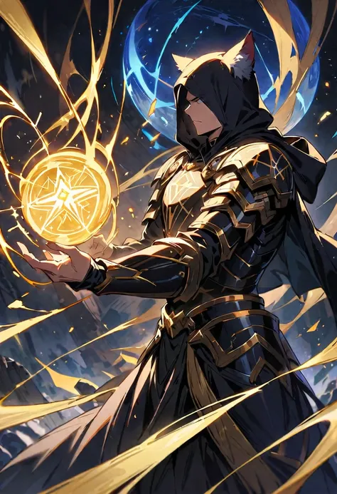 High quality, a masterpiece, the best detail, a man in black armor with golden runes, wolf ears on a black hood with golden runes, the moon above his head, uses magic to tear apart the foundations of the universe