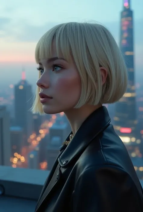 22nd-century British woman with blonde bob-cut hair, in her 20s, standing on a rooftop and gazing out over a futuristic cityscape, captured in a close-up profile shot. The scene has a fantasy atmosphere, with soft neon glows illuminating the high-rise buil...