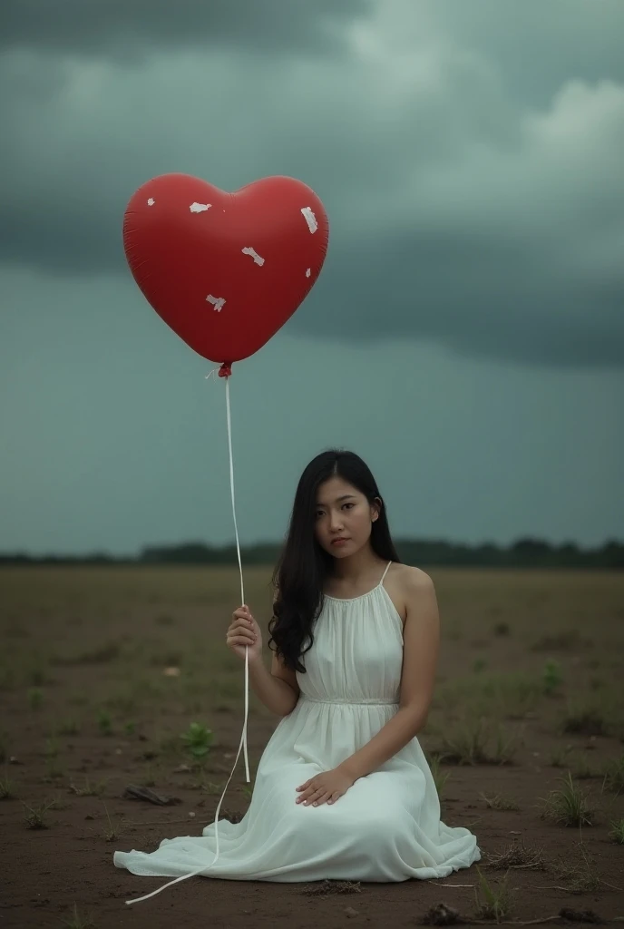   An Indonesian woman with a beautiful face facing towards the camera sits in a vast barren field with a moody expression,  wearing a simple white dress . on it ,  dark clouds hanging low , creates a gloomy atmosphere .  The woman holds a red heart-shaped ...