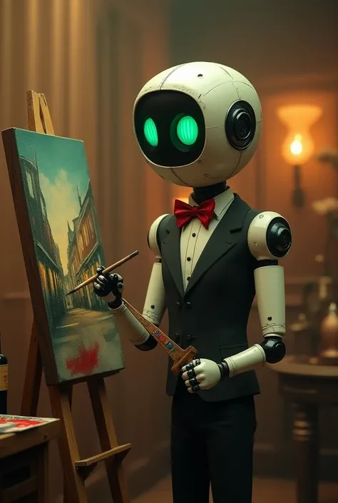 The robot draws a picture  (bartender clothes and red bow sit on the robot, the robots head is round ,  and on the face, a screen with two eyes ,  robot eyes green,  holds a brush in his hand and paints a picture with it, the robots height is high, mens cl...