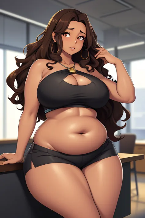 art by kipteitei, 1girl, fashion, chubby girl, thicc, thick thighs, wide hips, large breasts, office siren, long brown curly hai...