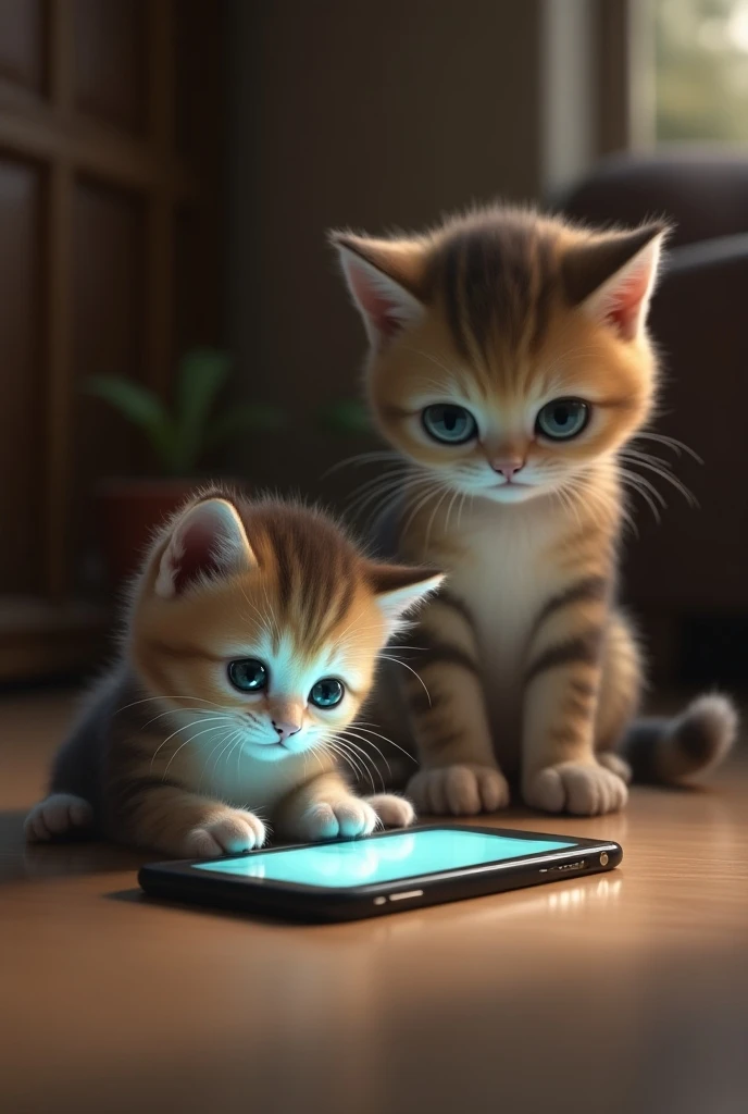 "A kitten scrolling on a smartphone with fascination, while its mom cat glares at it, seemingly frustrated with the technology