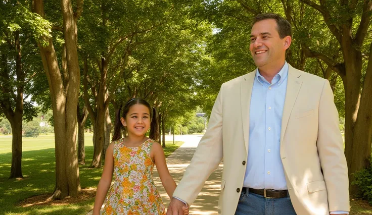 A sunlit path lined with trees, creating a warm and inviting atmosphere.

Action: Capture a moment where you and your daughter are walking hand-in-hand, sharing laughter and joy. You are slightly leaning down to engage with her, creating a sense of connect...