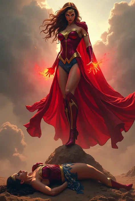 (Photorealism) Scarlett witch standing with one foot on the top of wonder women. And wonder women lying on the ground. Cinematic background.