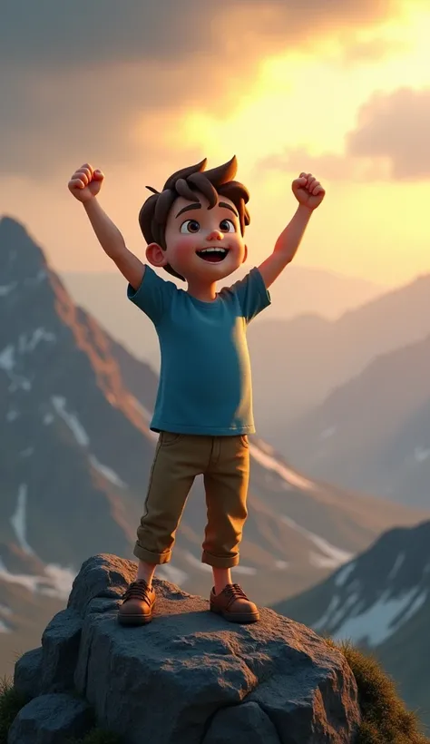 Design a 3D animation scene of Liam, an  boy with short brown hair, finally reaching the mountain peak. He’s still wearing his signature blue t-shirt and khaki pants, now soaked from the storm. The sky is beginning to clear, with rays of sunlight breaking ...