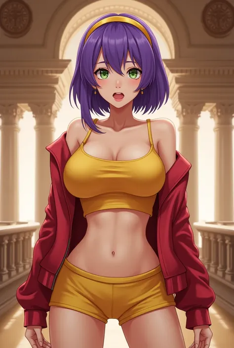 Kern_9, skern_8_high, skern_7_high, skern_6_high, skern_5_high, skern_4_high,Those_Anime-Series,  inside a palace, look back,  surprised expression ,  fay3val3nt1n3,  1 girl,  purple hair ,  short hair , lipstick, green eyes, Alone, yellow hairband, yellow...