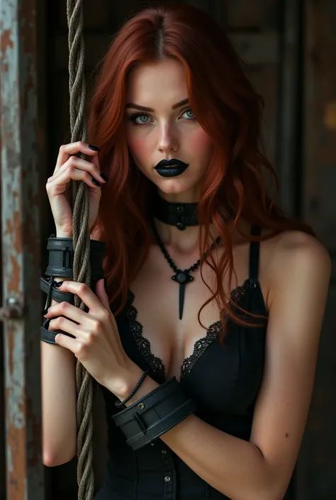 Oh my beauty, you´re a brave but very naughty young lady so you have to be prepared now, how do you like the Metal bar & cuffs around wrists and neck?(Black Lipstick, black eyeliner, black eyeshadow, dark red long hair, 1899, western style, cowgirl, sexy)