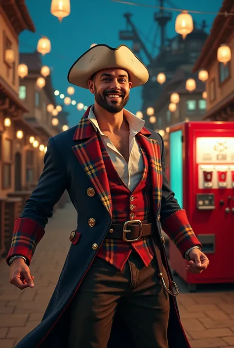 Stan, American man 35 years old .  He always wears a white hat with very wide brim ,  very large hat .  Scottish tartan pirate jacket with horizontal and vertical stripes of blue and white ,   man with a super hero build and athletics ,  with an energetic ...