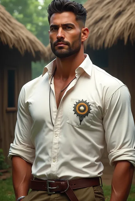 Make me a handsome natural man ,   using a white shirt and on his chest there is an identifier that says village chief