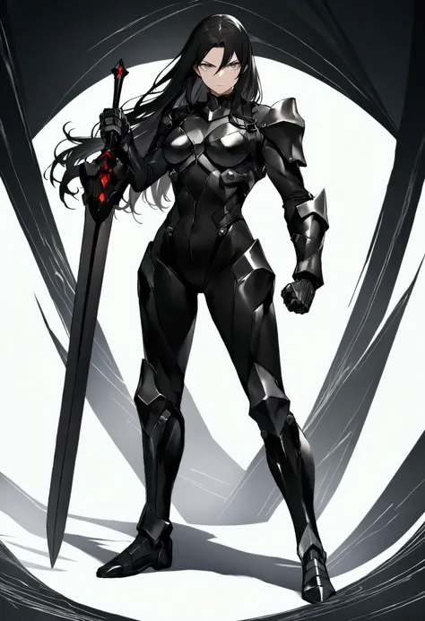 black power suit and sleeve, gauntlet, black tight fitting suit, small subtle metal armor, armor on hips, show bare shoulder, holding a large sword, perfect body shape, soldier aura, serious effect, thick black long hair, gray eyes, hyper resolution, 16k w...