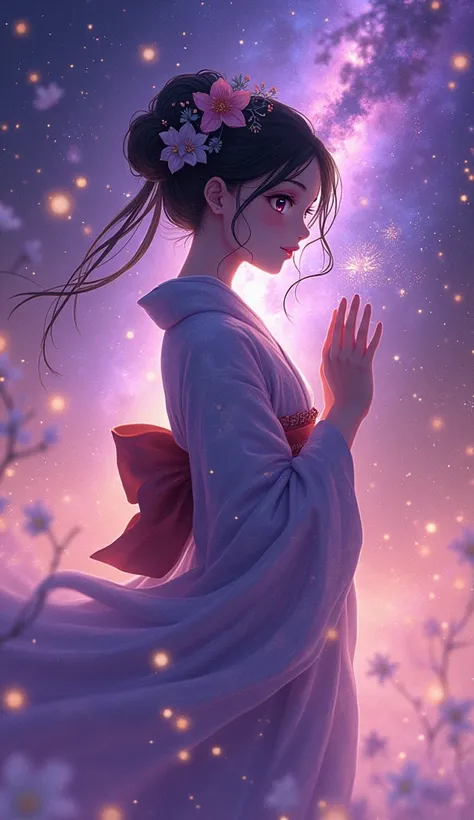  beautiful anime artwork wearing a royal kimono 、 Cute Anime Girl Silhouette、 Double Exposure 、 Iridescent Nebula Galaxy 、Purple Background、Bloom、 one girl playing pranks、 Golden Sparkle、2.Drawing in 5D