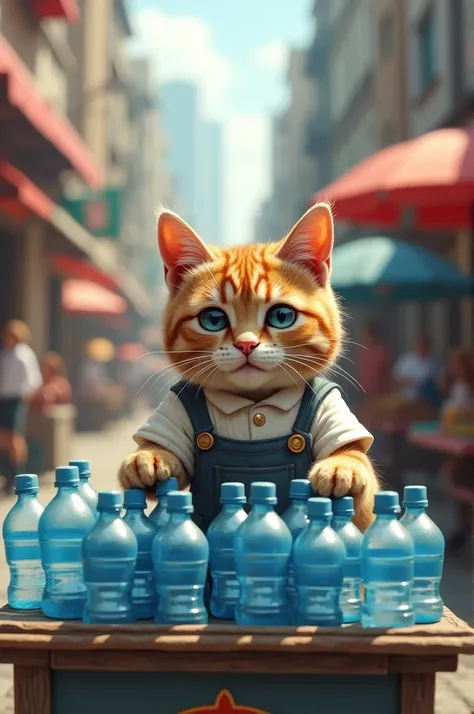 A cat selling water bottle