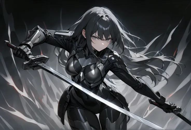 black power suit and sleeve, gauntlet, black tight fitting suit, small subtle metal armor, armor on hips, show bare shoulder, holding 2 swords, dual wielding swords, swords stance, perfect body shape, soldier aura, serious effect, thick black long hair, gr...