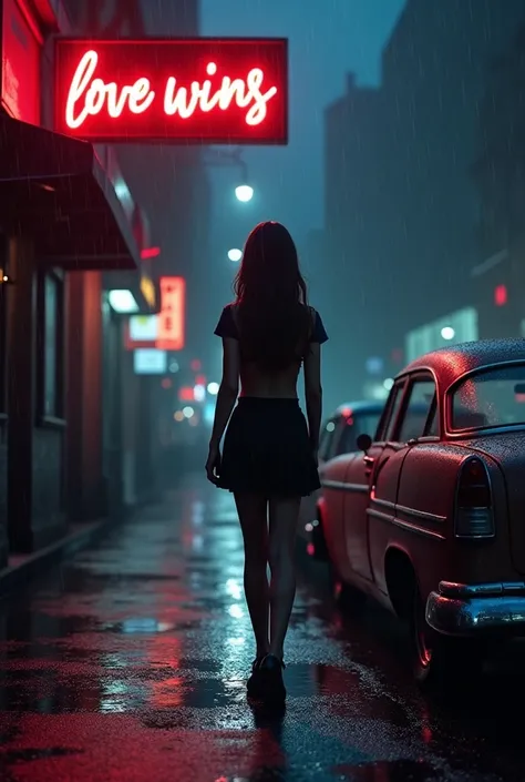 “A dark, moody urban street scene at night, with a silhouetted figure standing in the rain. The female figure, slightly blurred, faces away from the viewer, creating an air of mystery. A neon sign reading ‘love wins’ glows in bright yellow, casting an ethe...