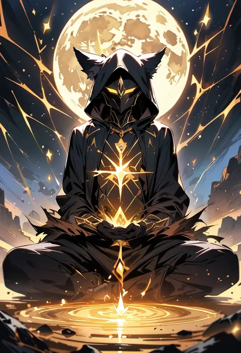 High quality, masterpiece, best detail, man in black armor with golden runes, wolf ears on a black hood with golden runes, moon overhead, meditating in lotus position, using magic tearing apart the foundations of the universe