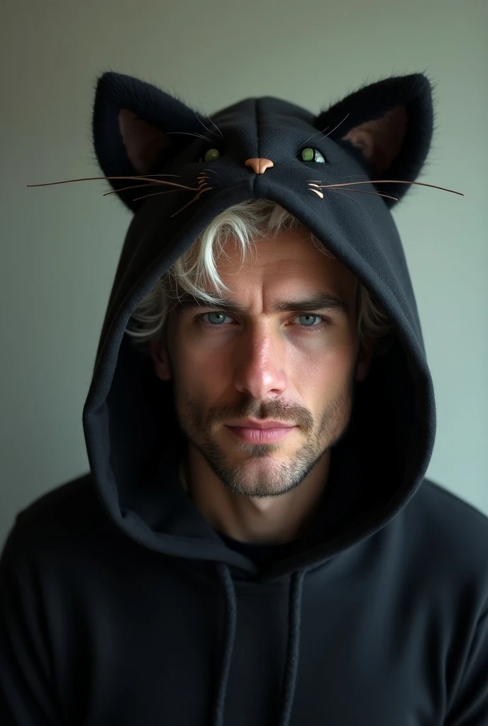 White hair, black cat hood,man, playful expression