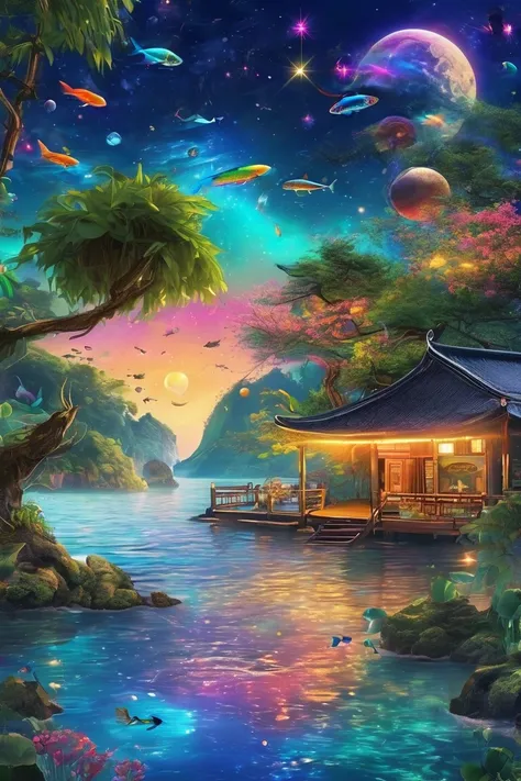 Creates a beautiful animated scene of a multicolored world with many bright stars and planets visible in the sky , the scene is flying over an ocean with crystal clear waters where you can see neon-colored fish traveling across the beautiful ocean,, that p...