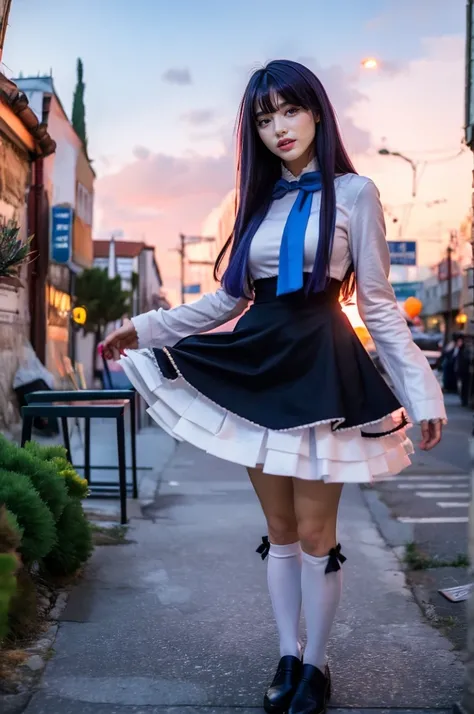 (masterpiece), best quality, fit but meaty, woman in her 30s, frederica bernkastel, dress, tail bow, purple hair, bowtie, cat tail,, socks, (crazy eyes:1.2), (troll face), (flying), (candy:1.4), sky, outside, red sky, milky way, stunningly beautiful, cyber...