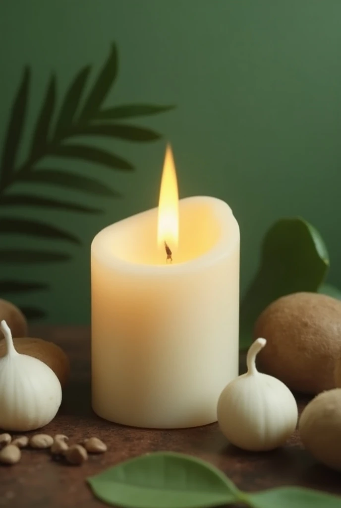  Create an image of a wax candle with a different shape , without container ,  placed in a natural environment .  The background must have elements in green colors ,  brown and white ,  like a forest or outdoor setting with minimalist details .  Add the lo...