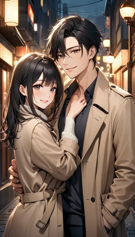 A realistic illustration of a beautiful young Japanese couple standing together in a cozy, romantic city at night. The man has a clean, attractive appearance with short, slightly wavy black hair, dressed in a stylish light beige trench coat over a dark shi...