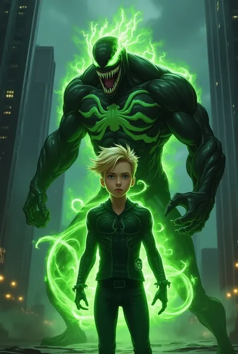 Make a blond teenage boy with a green aura staring at Venom, DC style design .