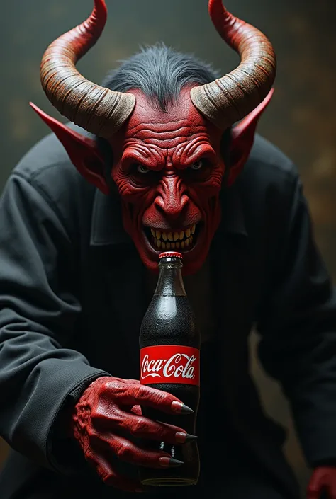 Half-horned Satan, red-faced, brute-faced, holding a bottle of Coke. 