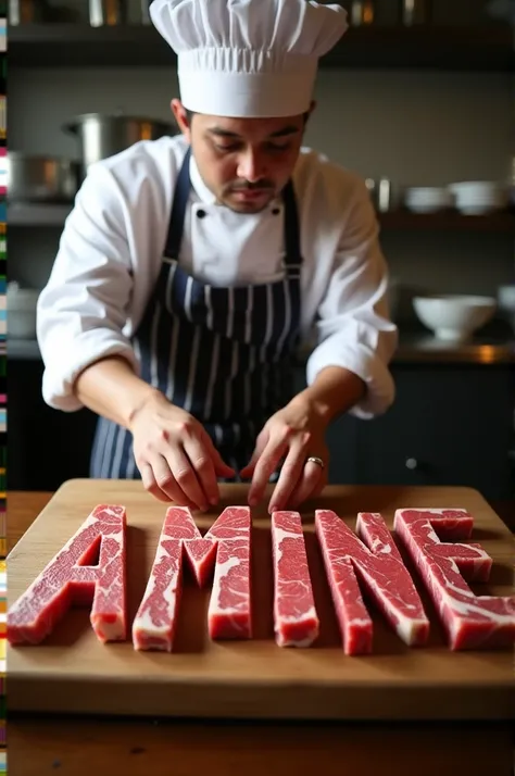 The image shows a man wearing a chefs hat cutting meat on a table and forming the name Amine with the steaks. 