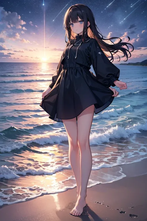 ((masterpiece, Best Quality)), At night, Light clothing,  girl,  put one foot in seawater with only one toe,  girl standing,  girl sideways,  girl between the horizon and the sea,  The , Ripples spread from my toes, The site is about 20 meters away , On th...