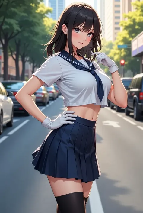 Black high leg pants,((((((( Ultra Micro Miniskirt))))))), ((((Low rise)))),  black panties, (( evening dress )),  white gloves,  crop top, Sailor collar,  Blue Skirt , ((Close-fitting tops)), ((Midriff-baring Sailor Uniform)), drool ,  is standing, ((((Su...