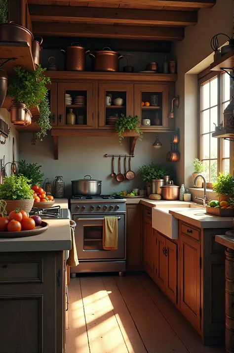 "A hyper-realistic scene of a rustic kitchen with vintage wooden cabinets, old copper pots hanging on the walls, and sunlight streaming through a small window. The countertops are cluttered with fresh vegetables, and the wooden textures show signs of wear....