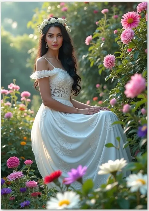 1girl, beautiful detailed eyes, beautiful detailed lips, extremely detailed face and features, long dark hair, beautiful Mexican woman, see-through floral gown, flower crown, standing in a lush garden, natural sunlight, colorful vibrant flowers, overgrown ...