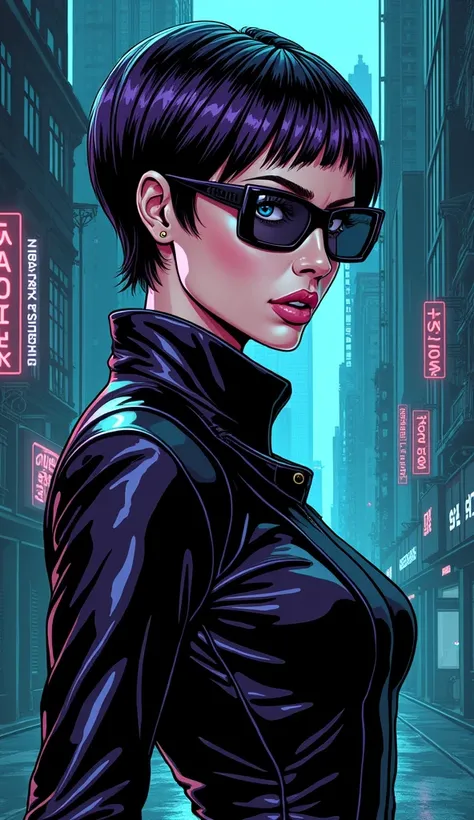 
Colorful comic book style drawing. White woman, blue eyes, pixie cut or asymmetrical bob hair, metallic purple color. Leather or Vinyl Clothing, A long ankle-length coat or a one-piece jumpsuit creates an iconic and futuristic look. Unique Sunglasses: Fut...