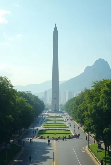 Create an image of Christ the Redeemer of Rio de Janeiro and the obelisk of Buenos Aires representing the union between Brazil and Argentina without people. Place the obelisk on an avenue.