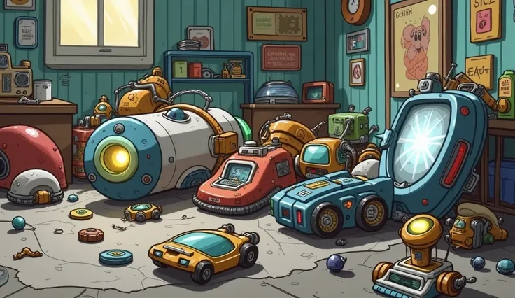 bunch of random scifi gadgets on the floor, sci-fi gadgets, sci-fi, futuristic inventions, high tech gadgets, inventions, neutrino bomb, scientific invensions, style of rick & morty, in rick and morty art style