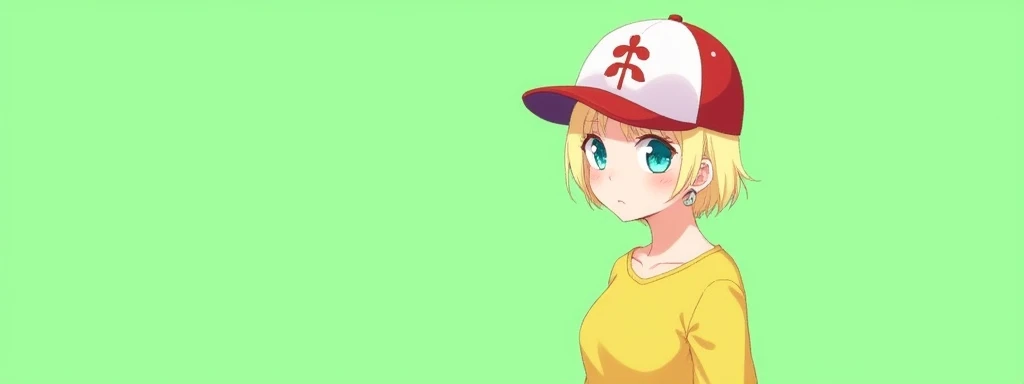 aka shiba,  1girl, aqua eyes, baseball cap, blonde hair, closed mouth, earrings, green background, hat, hoop earrings, jewelry, looking at viewer, shirt, short hair, simple background, solo, upper body, yellow shirt 