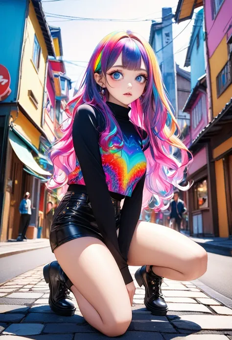  Ultra High Definition、 high resolution on down、8k、Original photo、1 beautiful teenage Japanese woman、 Big Beautiful Eyes 、 medium chest、Black semi-long hair、(Psychedelic fashion:1.4), (kneeling), nice angle, nice posture, full body, outdoor, town street