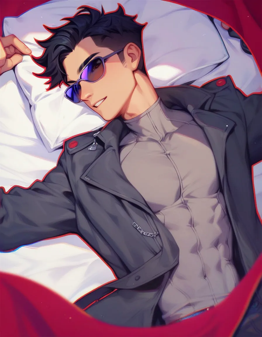 human, male, black hair, purple sunglasses, hair combed to the right, brown eyes, grey shirt, black coat with red outline at ope...