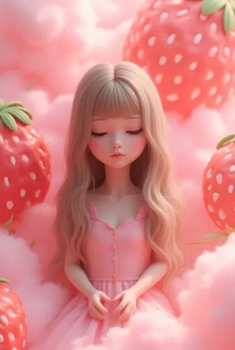 strawberry emoji background, singer, long hair woman, pink, Innocent and pitiful, Strawberry cotton candy