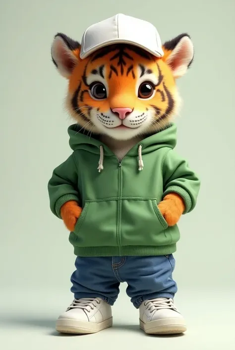 A super cute tiger baby、 is standing like a human and wearing a baptized costume。Green hoodie、 denim jeans、、White baseball cap、 Im wearing sneakers 。 super high resolution photo real 。