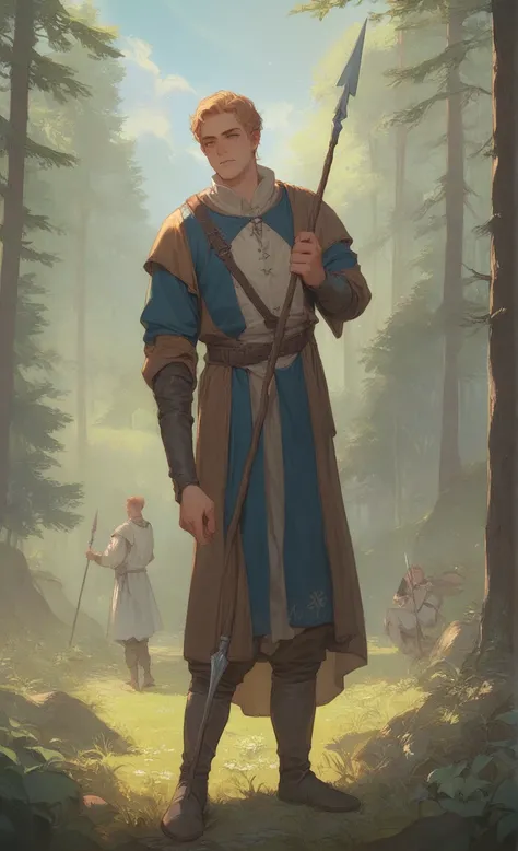 man in medieval clothing holding spear, forest in background, helm, 