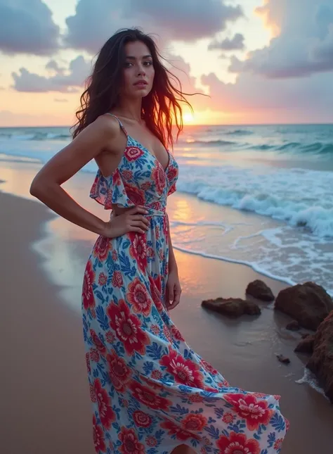 a beautiful Mexican woman standing on a beach, long dark hair, warm brown eyes, full lips, sun-kissed skin, wearing a colorful flowing dress, the ocean waves crashing in the background, dramatic lighting, cinematic composition, highly detailed, photorealis...