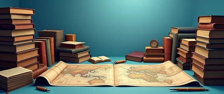 So many books so many map so many pen blue background