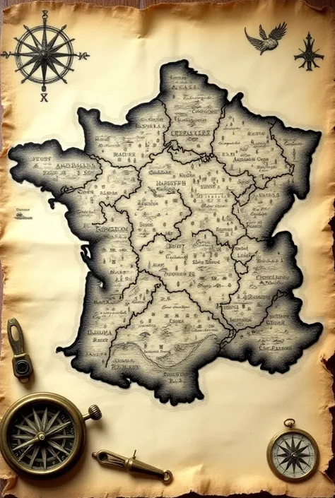 An old map of France, drawn in ink on aged parchment, in the style of a 1800s map. The map is decorated with mythological creatures, and alchemical symbols . A detailed wind rose is placed in the lower left corner, next to a brass sailor compass and a vint...