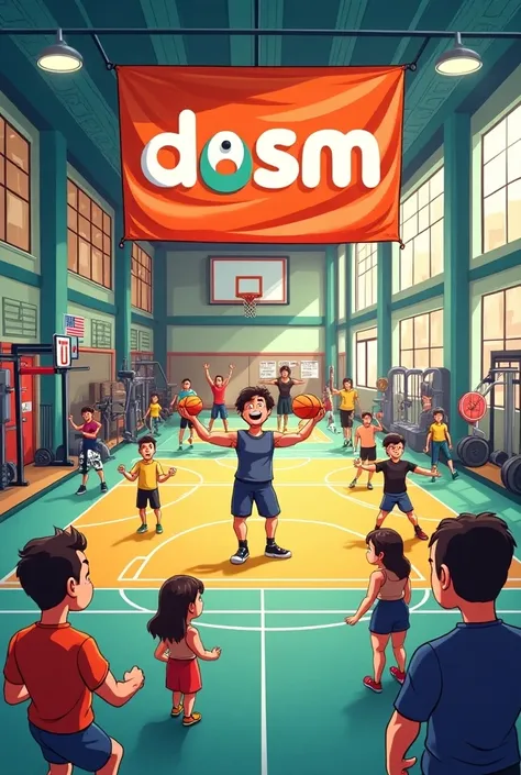 cartoon gym with DOSM banner