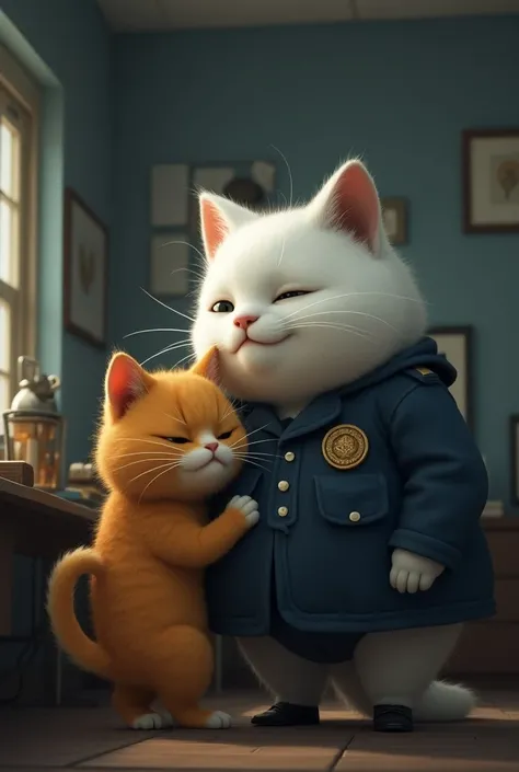 Create visual prompts or storyboards about a sad story of "an White Realistic chbby cat police with his chbby orange kitten from the police station to a bus crash. I will use the Storyboard to generate Visuals in Bing AI. Here’s the outline of the story: s...