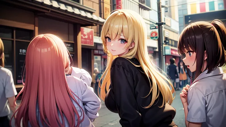 Shibuya town, real, Japanese high school girls, ((blonde)) and [[[pink]]] hair color, highlights