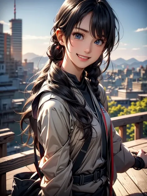  high resolution on down, 8k, Best Quality,  Details, Semi-realistic anime, 3D anime style,  Smooth Animated CG ,  one girl playing pranks,  A 20-year-old Japanese woman , slim, Modeling, Shiny black hair,  Detailsな顔, Beautiful and  Details,  growing skin ...