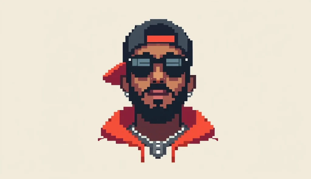 Create a minimalist, pixelated logo featuring a man with a hip-hop vibe. The man should have a cool, confident expression, wearing urban accessories like a small chain, sunglasses, or a backwards cap to capture a street-style look. Use a limited color pale...