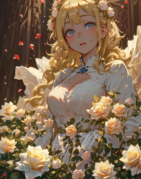  high resolution on down,beautiful,Blonde,princess, Lots of Roses , Closeup 